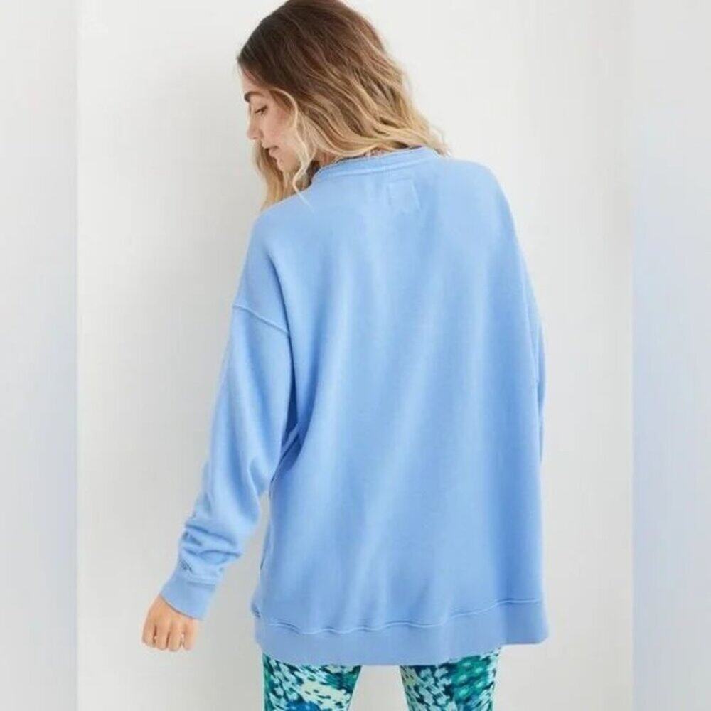 Aerie Women's Lace Up Oversized Distressed Sweatshirt in Blue White - Picture 2 of 8